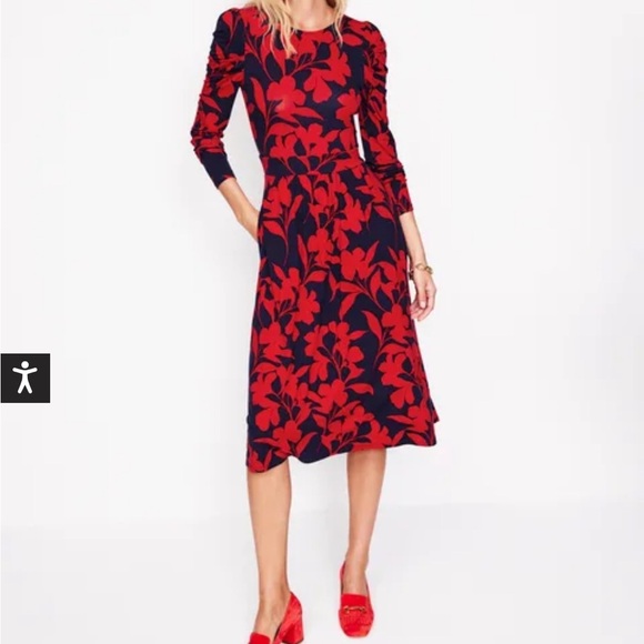 Boden Red and Navy Floral Abstract Print Midi Soft Jersey Dress. Size 6R - Picture 6 of 11